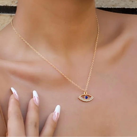 Rhinestone Evil Eye Pendant Necklace – Stylish Protection Charm, Gold - Picture 2 of 5